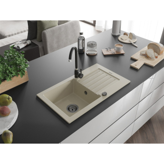 Mexen Pablo 1miskový granitový drez s odkvapkávačom 752 x 436 mm, béžový, čierny sifón - 6510751010-69-B