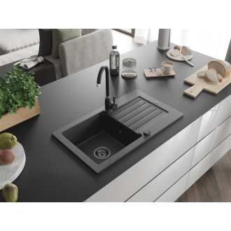 Mexen Pablo 1miskový granitový drez s odkvapkávačom 752 x 436 mm, melír čierny, čierny sifón - 6510751010-76-B