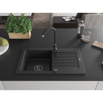 Mexen Pablo 1miskový granitový drez s odkvapkávačom 752 x 436 mm, čierny, čierny sifón - 6510751010-77-B