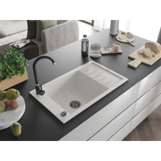 Mexen Elias 1miskový granitový drez s odkvapkávačom 795 x 480 mm, biely, čierny sifón - 6511791005-20-B