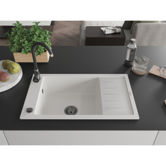 Mexen Elias 1miskový granitový drez s odkvapkávačom 795 x 480 mm, biely, čierny sifón - 6511791005-20-B