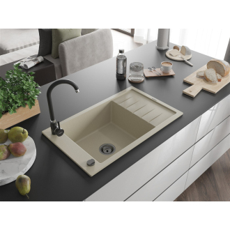 Mexen Elias 1miskový granitový drez s odkvapkávačom 795 x 480 mm, béžový, čierny sifón - 6511791005-69-B