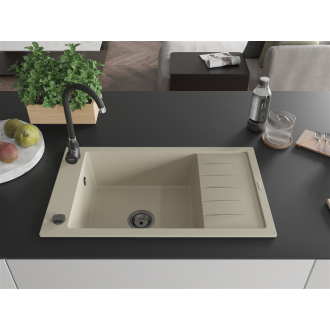 Mexen Elias 1miskový granitový drez s odkvapkávačom 795 x 480 mm, béžový, čierny sifón - 6511791005-69-B