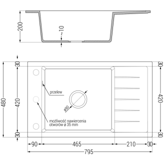 Mexen Elias 1miskový granitový drez s odkvapkávačom 795 x 480 mm, béžový, čierny sifón - 6511791005-69-B