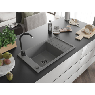 Mexen Elias 1miskový granitový drez s odkvapkávačom 795 x 480 mm, sivý, čierny sifón - 6511791005-71-B