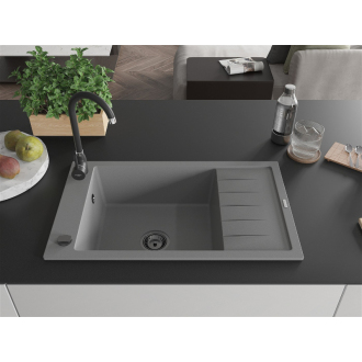 Mexen Elias 1miskový granitový drez s odkvapkávačom 795 x 480 mm, sivý, čierny sifón - 6511791005-71-B