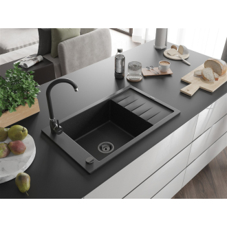 Mexen Elias 1miskový granitový drez s odkvapkávačom 795 x 480 mm, čierna / strieborná metalíza, čierny sifón - 6511791005-73-B