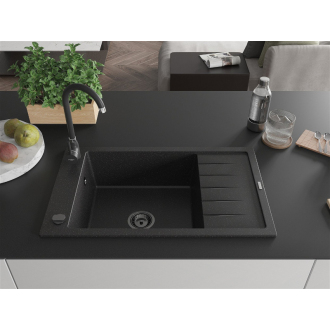 Mexen Elias 1miskový granitový drez s odkvapkávačom 795 x 480 mm, čierna / strieborná metalíza, čierny sifón - 6511791005-73-B