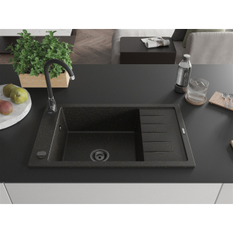 Mexen Elias 1miskový granitový drez s odkvapkávačom 795 x 480 mm, čierna / zlatá metalíza, čierny sifón - 6511791005-75-B