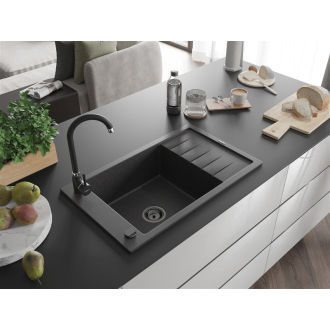 Mexen Elias 1miskový granitový drez s odkvapkávačom 795 x 480 mm, melír čierny, čierny sifón - 6511791005-76-B