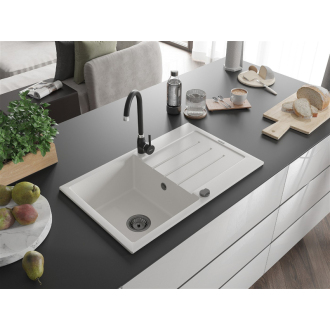 Mexen Bruno 1miskový granitový drez s odkvapkávačom 795 x 495 mm, biely, čierny sifón - 6513791010-20-B