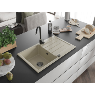 Mexen Bruno 1miskový granitový drez s odkvapkávačom 795 x 495 mm, béžový, čierny sifón - 6513791010-69-B