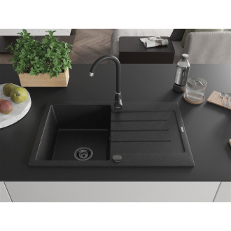 Mexen Bruno 1miskový granitový drez s odkvapkávačom 795 x 495 mm, čierna / strieborná metalíza, čierny sifón - 6513791010-73-B