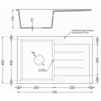 Mexen Bruno 1miskový granitový drez s odkvapkávačom 795 x 495 mm, čierna / strieborná metalíza, čierny sifón - 6513791010-73-B