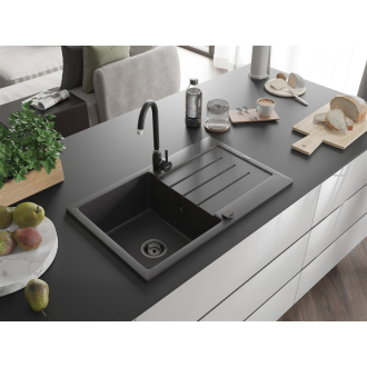 Mexen Bruno 1miskový granitový drez s odkvapkávačom 795 x 495 mm, melír čierny, čierny sifón - 6513791010-76-B