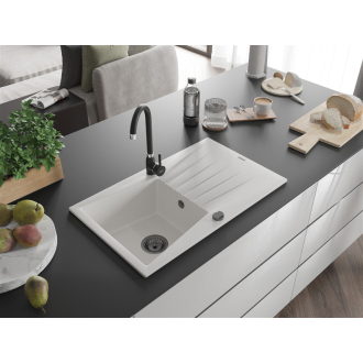Mexen Cesar 1miskový granitový drez s odkvapkávačom 775 x 470 mm, biely, čierny sifón - 6514771010-20-B