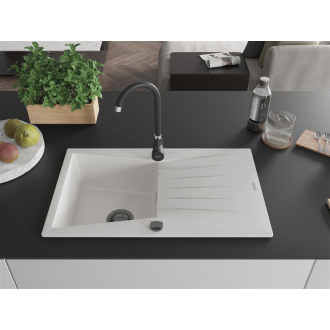 Mexen Cesar 1miskový granitový drez s odkvapkávačom 775 x 470 mm, biely, čierny sifón - 6514771010-20-B