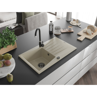Mexen Cesar 1miskový granitový drez s odkvapkávačom 775 x 470 mm, béžový, čierny sifón - 6514771010-69-B