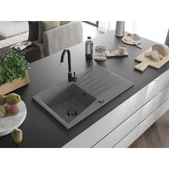 Mexen Cesar 1miskový granitový drez s odkvapkávačom 775 x 470 mm, sivý, čierny sifón - 6514771010-71-B