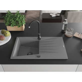 Mexen Cesar 1miskový granitový drez s odkvapkávačom 775 x 470 mm, sivý, čierny sifón - 6514771010-71-B