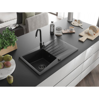 Mexen Cesar 1miskový granitový drez s odkvapkávačom 775 x 470 mm, čierny, čierny sifón - 6514771010-77-B