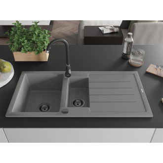 Mexen Andres 1,5-miskový granitový drez s odkvapkávačom 1000 x 500 mm, sivý, čierny sifón - 6515101510-71-B
