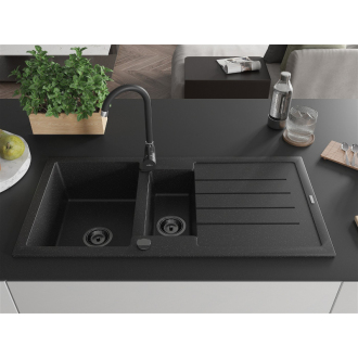 Mexen Andres 1,5-miskový granitový drez s odkvapkávačom 1000 x 500 mm čierno/strieborná metalíza čierny sifón - 6515101510-73-B