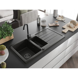 Mexen Andres 1,5-miskový granitový drez s odkvapkávačom 1000 x 500 mm čierna/zlatá metalíza, čierny sifón - 6515101510-75-B