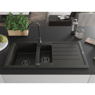 Mexen Andres 1,5-miskový granitový drez s odkvapkávačom 1000 x 500 mm čierna/zlatá metalíza, čierny sifón - 6515101510-75-B