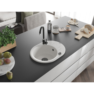 Mexen Kevin 1miskový granitový drez s odkvapkávačom 586 x 458 mm, biely, čierny sifón - 6517581005-20-B