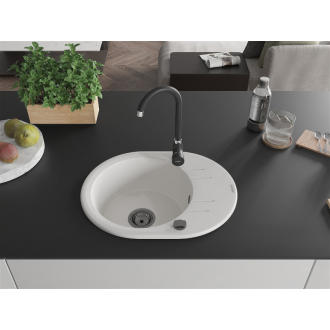 Mexen Kevin 1miskový granitový drez s odkvapkávačom 586 x 458 mm, biely, čierny sifón - 6517581005-20-B