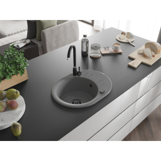 Mexen Kevin 1miskový granitový drez s odkvapkávačom 586 x 458 mm, sivý, čierny sifón - 6517581005-71-B