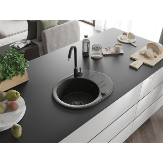 Mexen Kevin 1miskový granitový drez s odkvapkávačom 586 x 458 mm, čierna/zlatá metalíza, čierny sifón - 6517581005-75-B