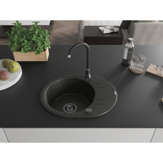 Mexen Kevin 1miskový granitový drez s odkvapkávačom 586 x 458 mm, čierna/zlatá metalíza, čierny sifón - 6517581005-75-B