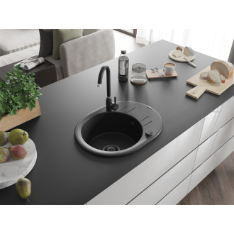 Mexen Kevin 1miskový granitový drez s odkvapkávačom 586 x 458 mm, čierny, čierny sifón - 6517581005-77-B