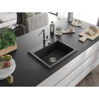 Mexen Oscar 1miskový granitový drez 580 x 490 mm, čierna / strieborná metalíza, chrómový sifón - 6519581000-73