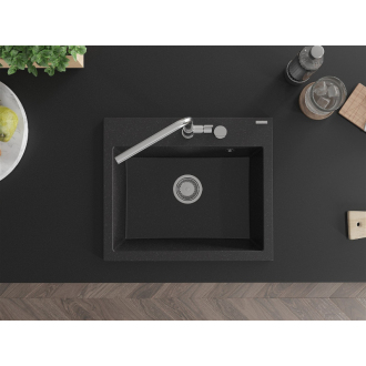 Mexen Oscar 1miskový granitový drez 580 x 490 mm, čierna / strieborná metalíza, chrómový sifón - 6519581000-73