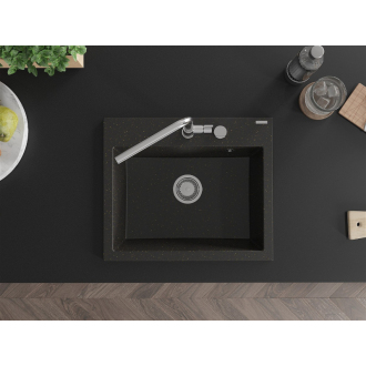 Mexen Oscar 1miskový granitový drez 580 x 490 mm, čierna / zlatá metalíza, chrómový sifón - 6519581000-75