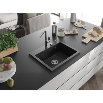 Mexen Oscar 1miskový granitový drez 580 x 490 mm, čierny, chrómový sifón - 6519581000-77