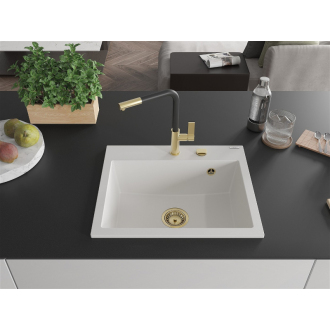 Mexen Oscar 1miskový granitový drez 580 x 490 mm, biely, zlatý sifón - 6519581000-20-G
