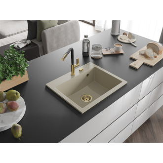 Mexen Oscar 1miskový granitový drez 580 x 490 mm, béžový, zlatý sifón - 6519581000-69-G