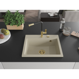 Mexen Oscar 1miskový granitový drez 580 x 490 mm, béžový, zlatý sifón - 6519581000-69-G