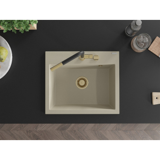 Mexen Oscar 1miskový granitový drez 580 x 490 mm, béžový, zlatý sifón - 6519581000-69-G