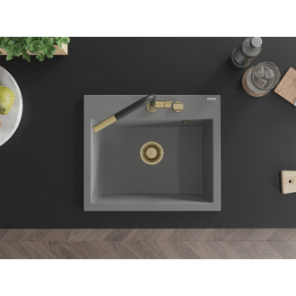 Mexen Oscar 1miskový granitový drez 580 x 490 mm, sivý, zlatý sifón - 6519581000-71-G