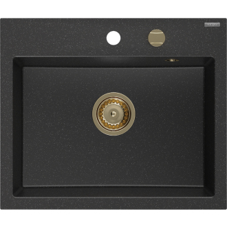 Mexen Oscar 1miskový granitový drez 580 x 490 mm, čierna / strieborná metalíza, zlatý sifón - 6519581000-73-G