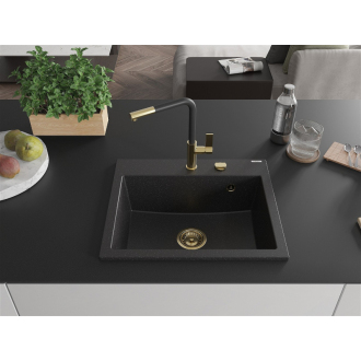 Mexen Oscar 1miskový granitový drez 580 x 490 mm, čierna / strieborná metalíza, zlatý sifón - 6519581000-73-G