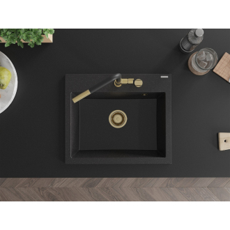 Mexen Oscar 1miskový granitový drez 580 x 490 mm, čierna / strieborná metalíza, zlatý sifón - 6519581000-73-G