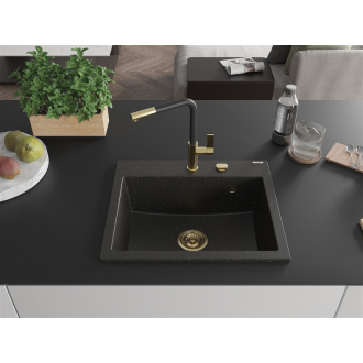 Mexen Oscar 1miskový granitový drez 580 x 490 mm, čierna / zlatá metalíza, zlatý sifón - 6519581000-75-G