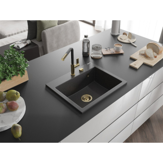 Mexen Oscar 1miskový granitový drez 580 x 490 mm, melír čierny, zlatý sifón - 6519581000-76-G