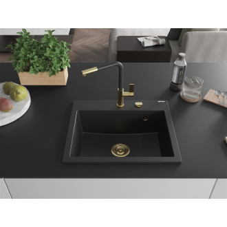 Mexen Oscar 1miskový granitový drez 580 x 490 mm, čierny, zlatý sifón - 6519581000-77-G